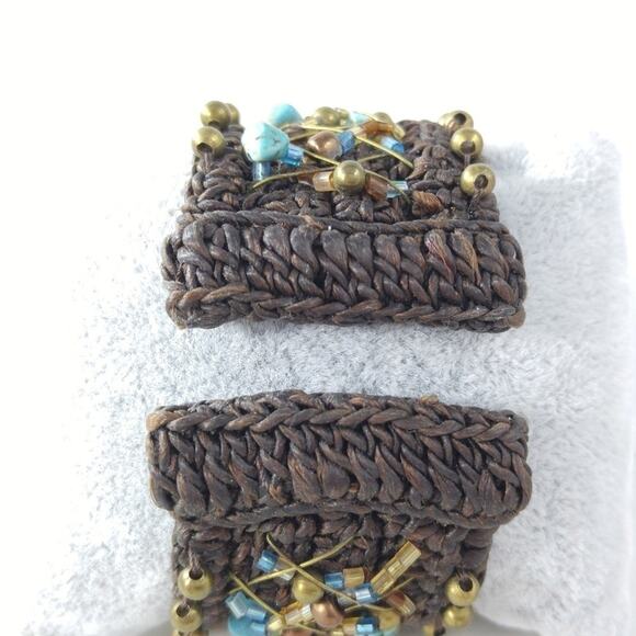 Wide Cuff Brown Bracelet Blue Gemstones & Seed Beads - Picture 6 of 8